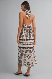 Border Print Halter Twist Neck Wrap Style Midi Dress