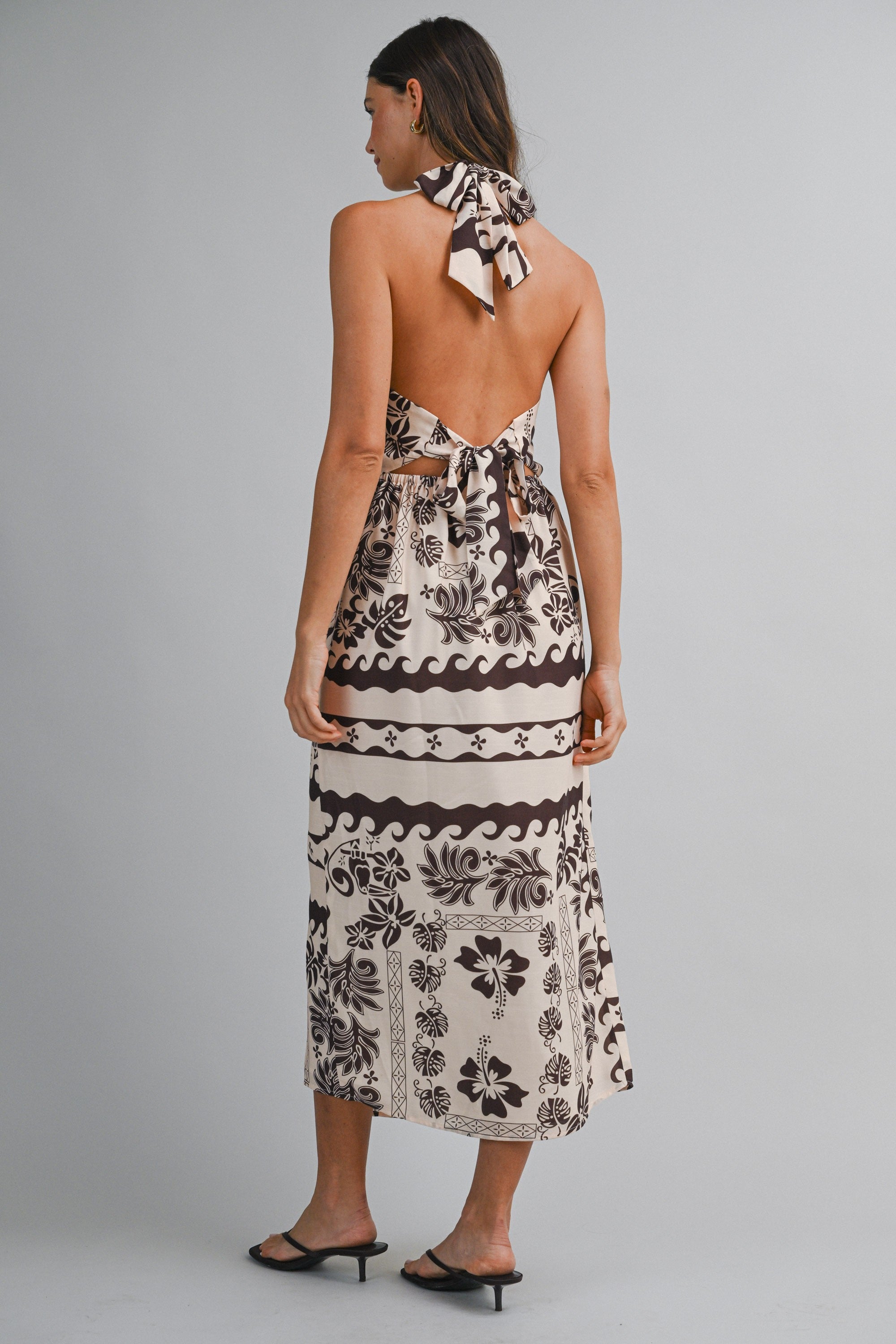 Border Print Halter Twist Neck Wrap Style Midi Dress