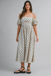 Polka Dot Off Shoulder Short Puff Sleeve Midi Dress