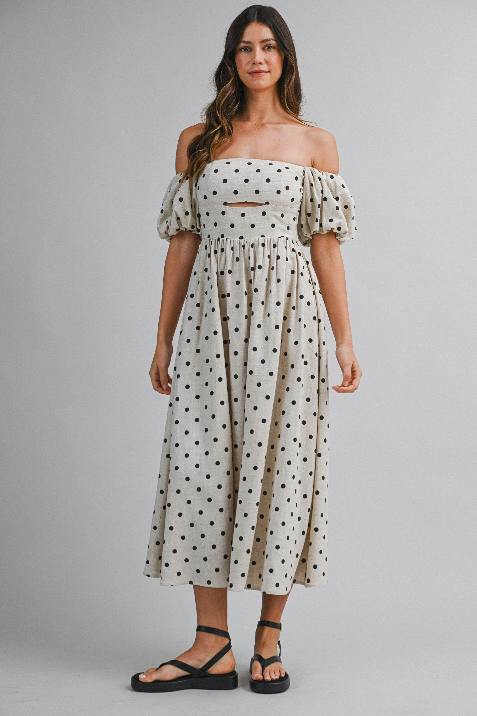 Polka Dot Off Shoulder Short Puff Sleeve Midi Dress