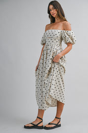Polka Dot Off Shoulder Short Puff Sleeve Midi Dress