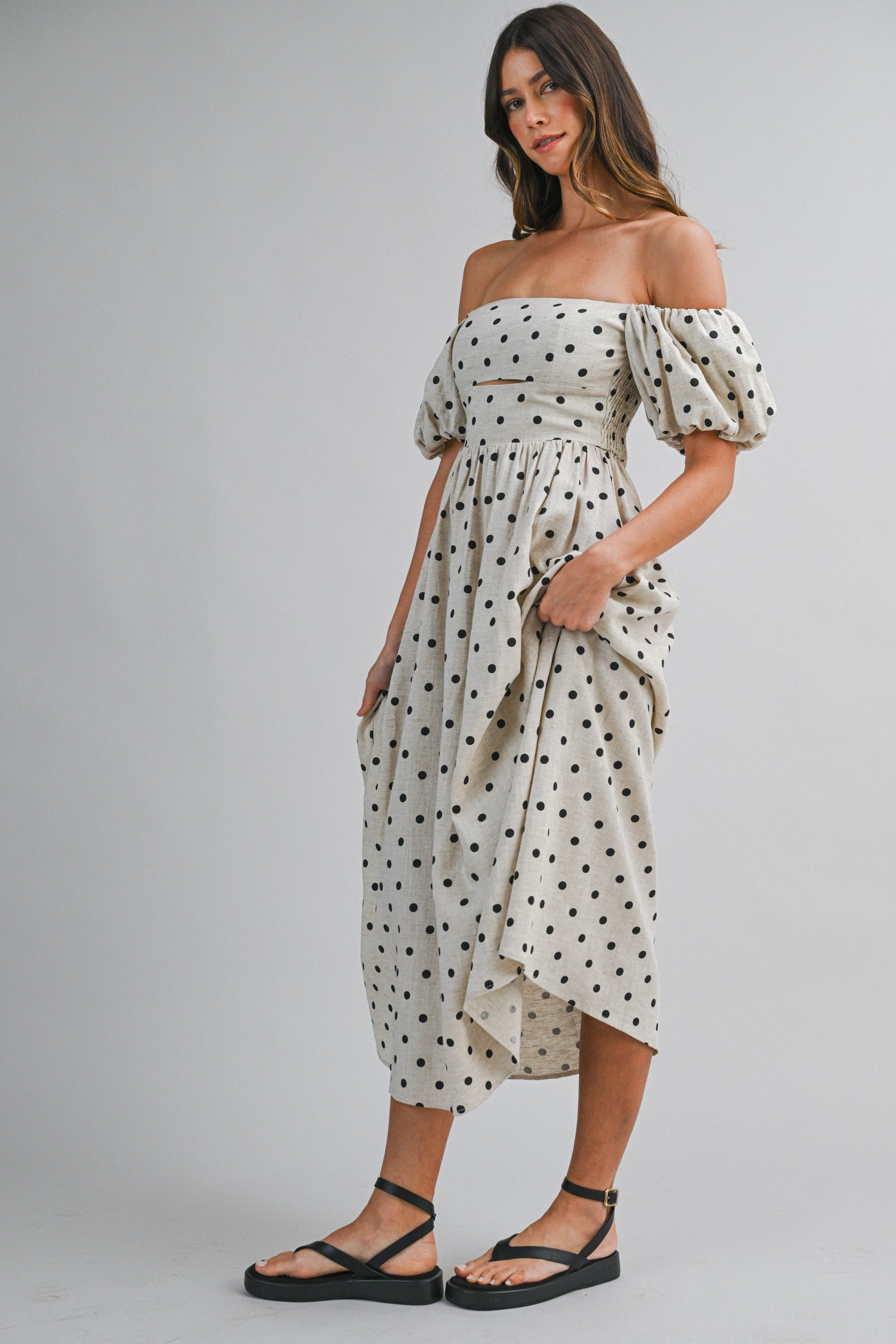 Polka Dot Off Shoulder Short Puff Sleeve Midi Dress