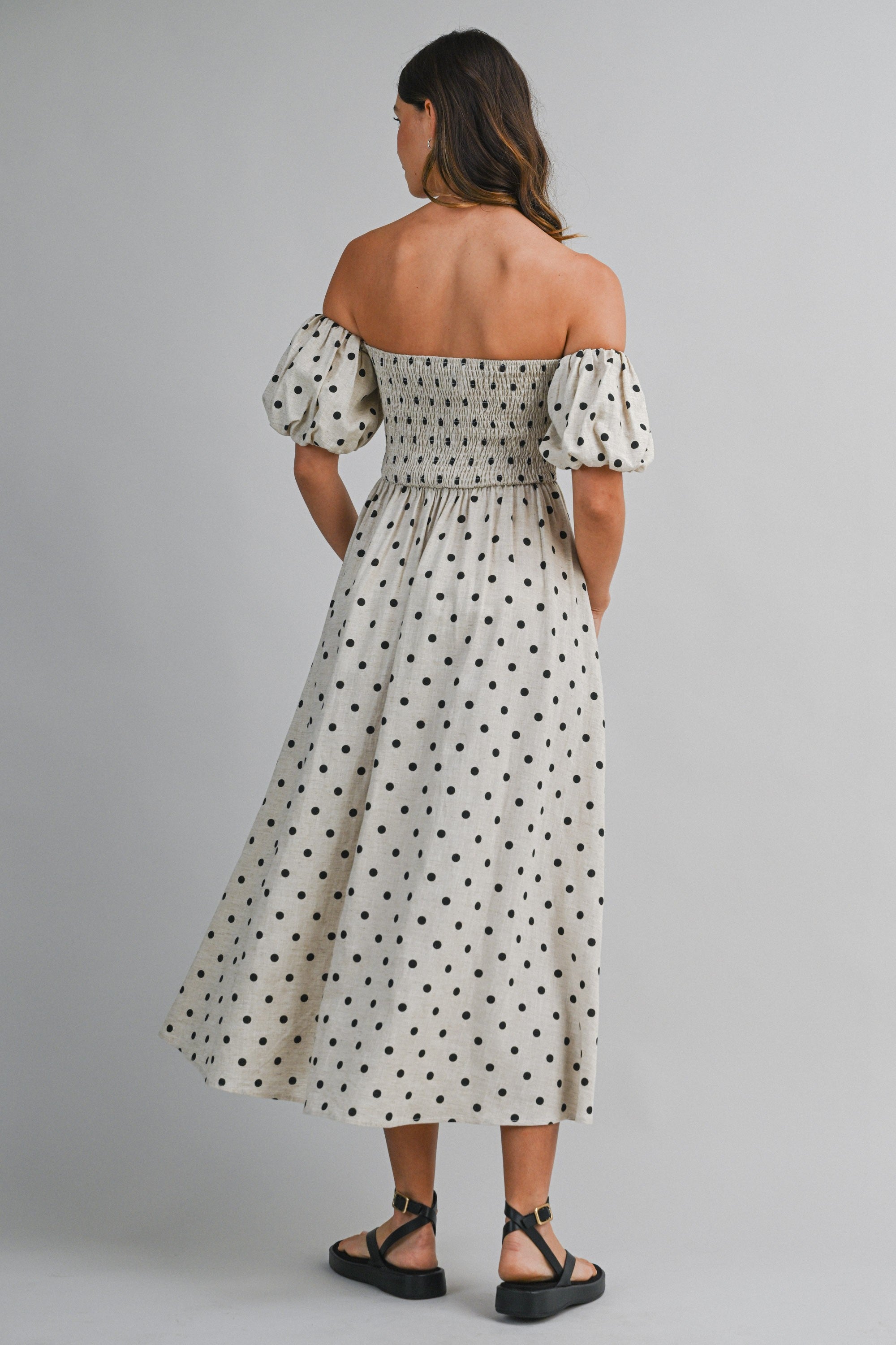 Polka Dot Off Shoulder Short Puff Sleeve Midi Dress