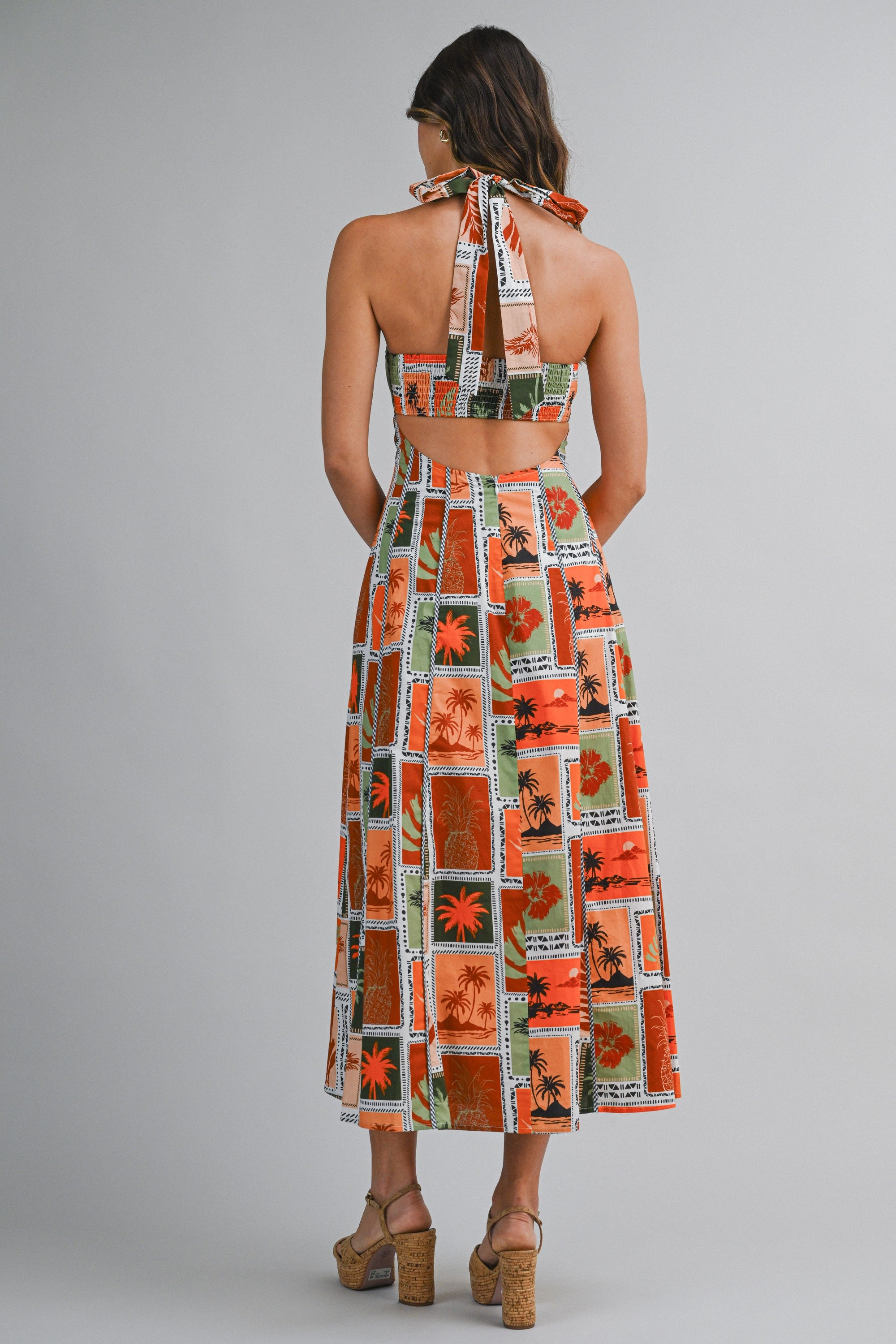 Patchwork Tropical Print Halter Neck Back Cut Out Midi Dress