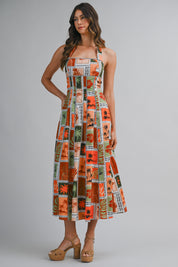 Patchwork Tropical Print Halter Neck Back Cut Out Midi Dress