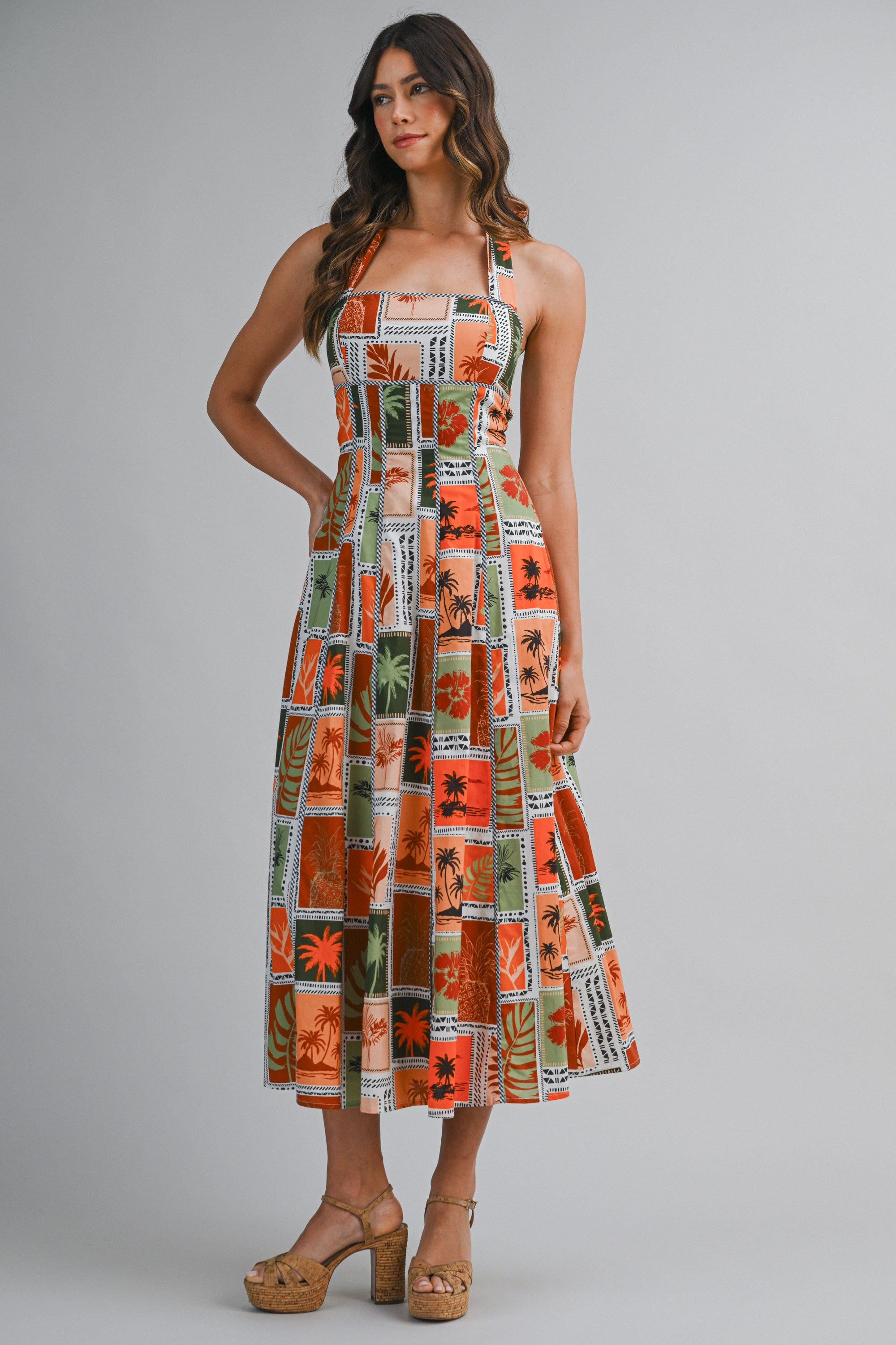 Patchwork Tropical Print Halter Neck Back Cut Out Midi Dress