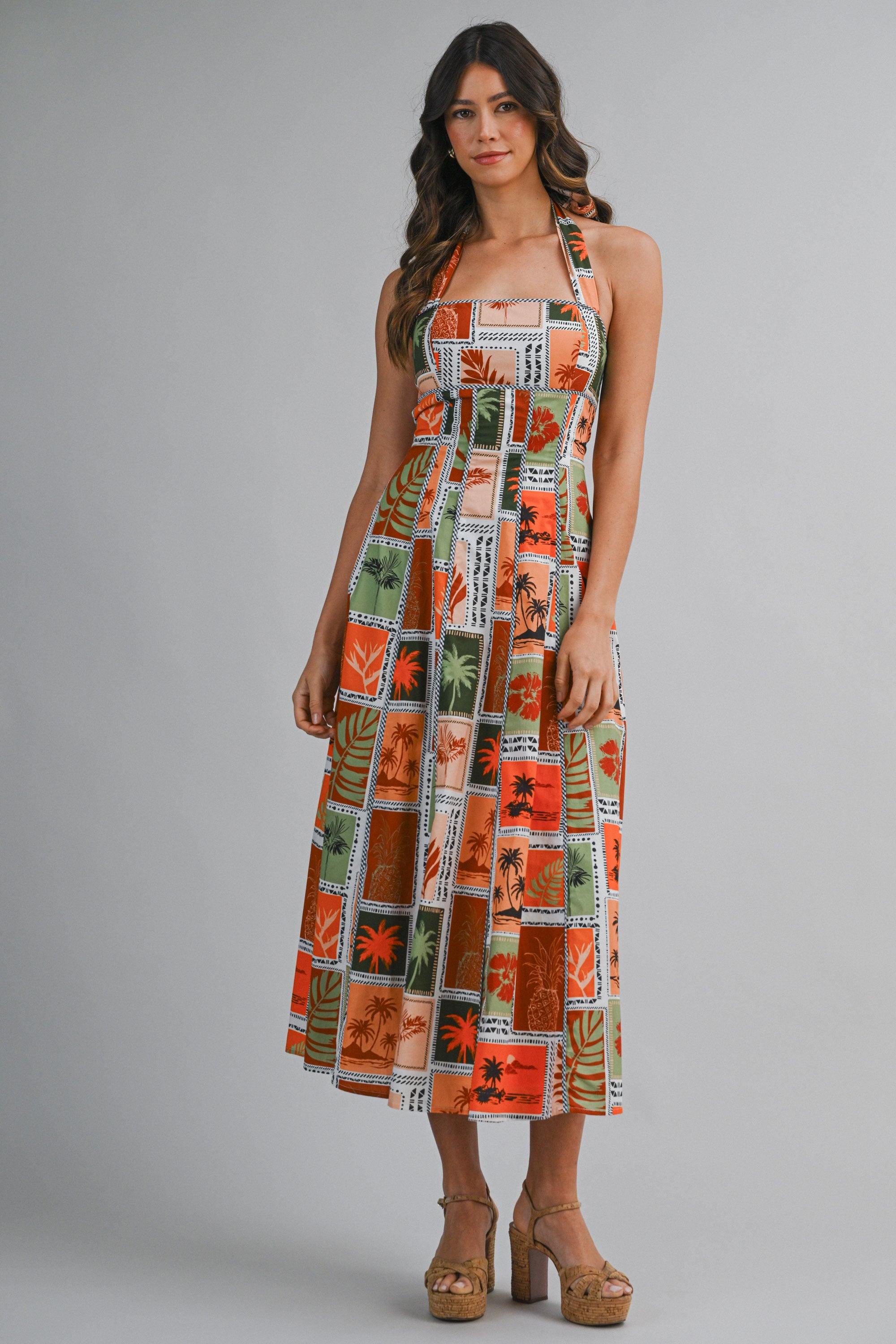 Patchwork Tropical Print Halter Neck Back Cut Out Midi Dress