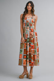 Patchwork Tropical Print Halter Neck Back Cut Out Midi Dress