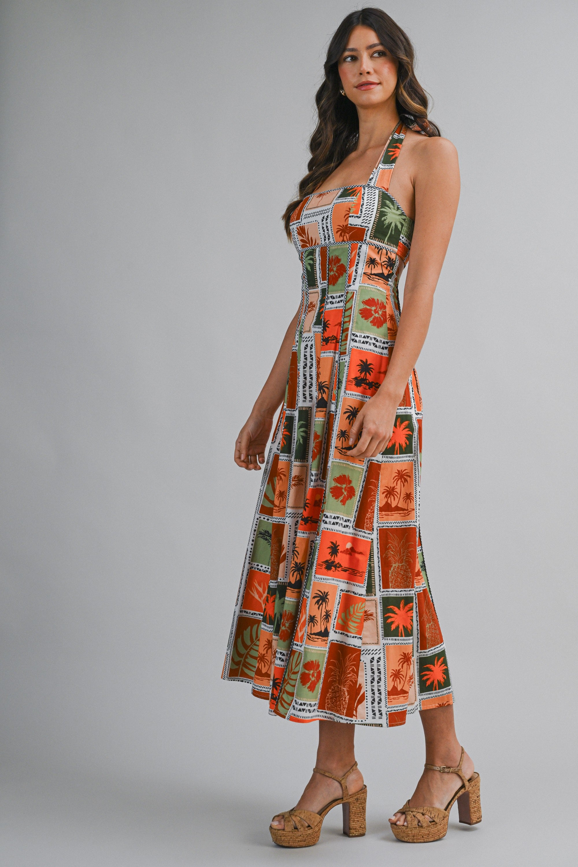Patchwork Tropical Print Halter Neck Back Cut Out Midi Dress