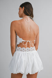 Embroidered Patch Halter Back Tie Top And Bubble Skirt Set