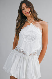 Embroidered Patch Halter Back Tie Top And Bubble Skirt Set