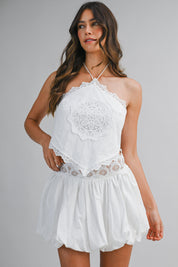 Embroidered Patch Halter Back Tie Top And Bubble Skirt Set
