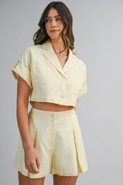 Striped Short Sleeve Button Down Crop Shirt And Shorts Set