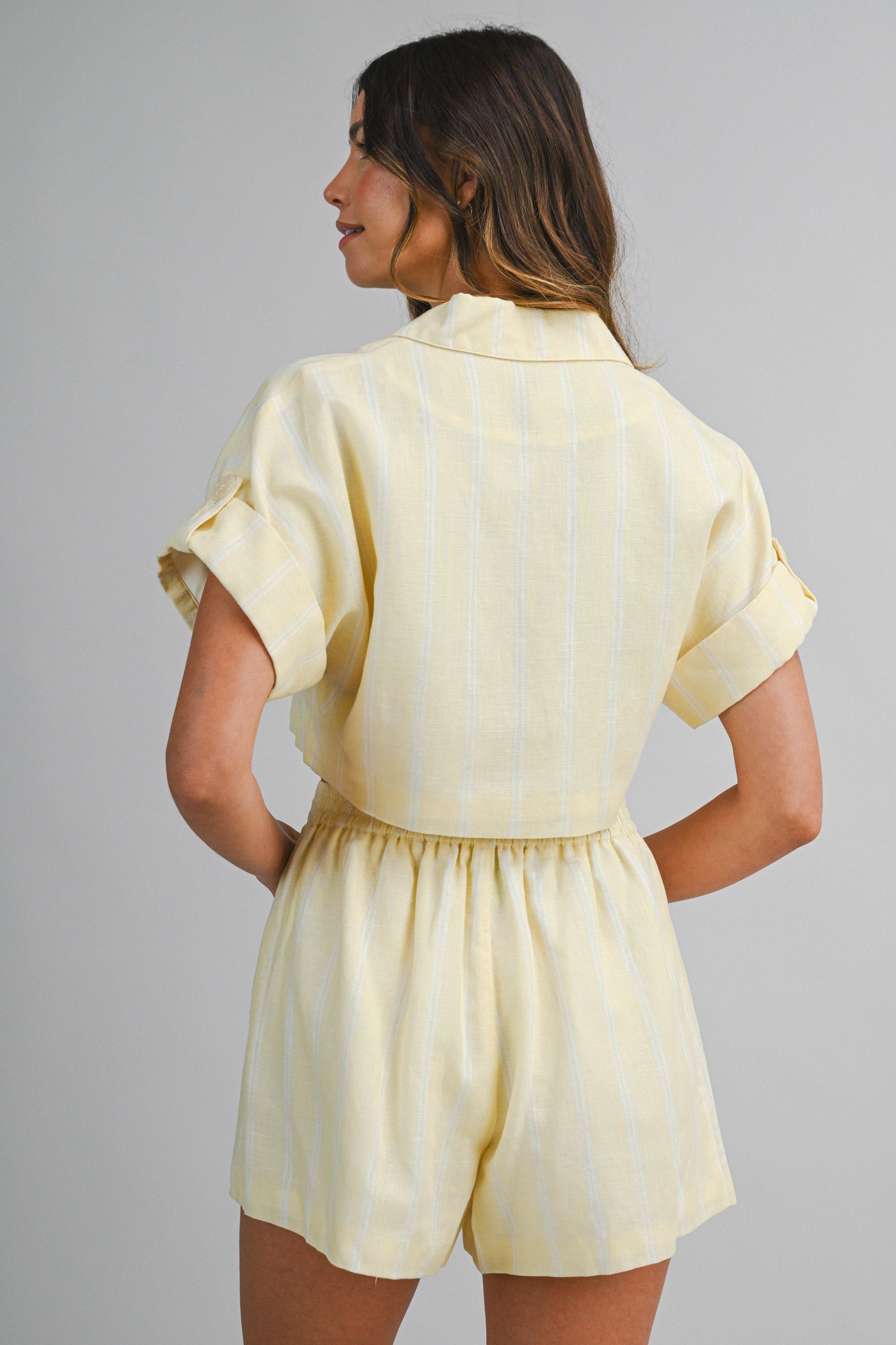 Striped Short Sleeve Button Down Crop Shirt And Shorts Set
