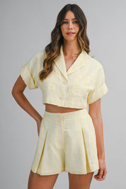 Striped Short Sleeve Button Down Crop Shirt And Shorts Set