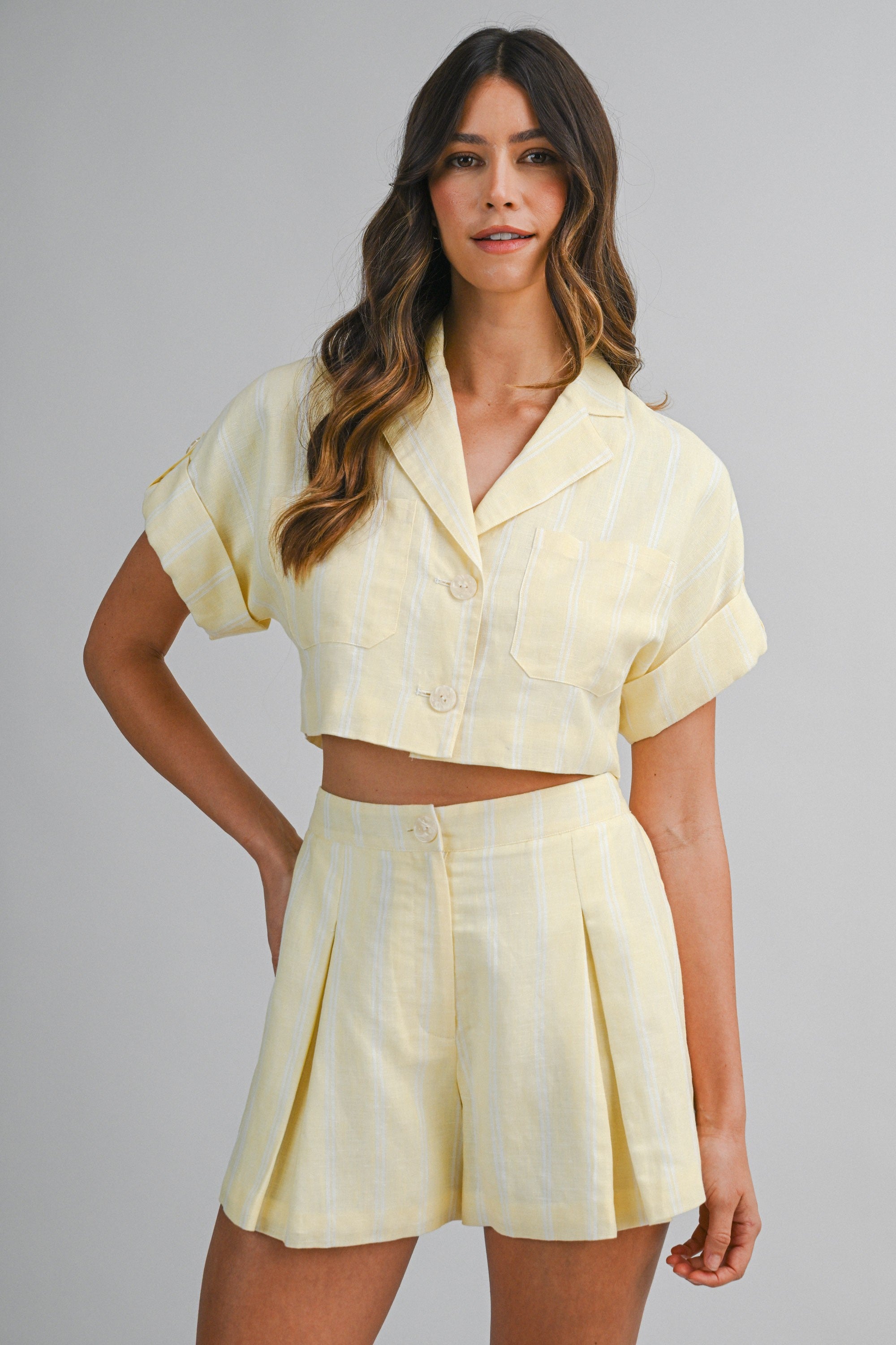 Striped Short Sleeve Button Down Crop Shirt And Shorts Set