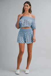 Polka Dot Off Shoulder Smocked Crop Top And Shorts Set