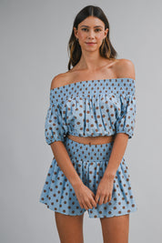 Polka Dot Off Shoulder Smocked Crop Top And Shorts Set