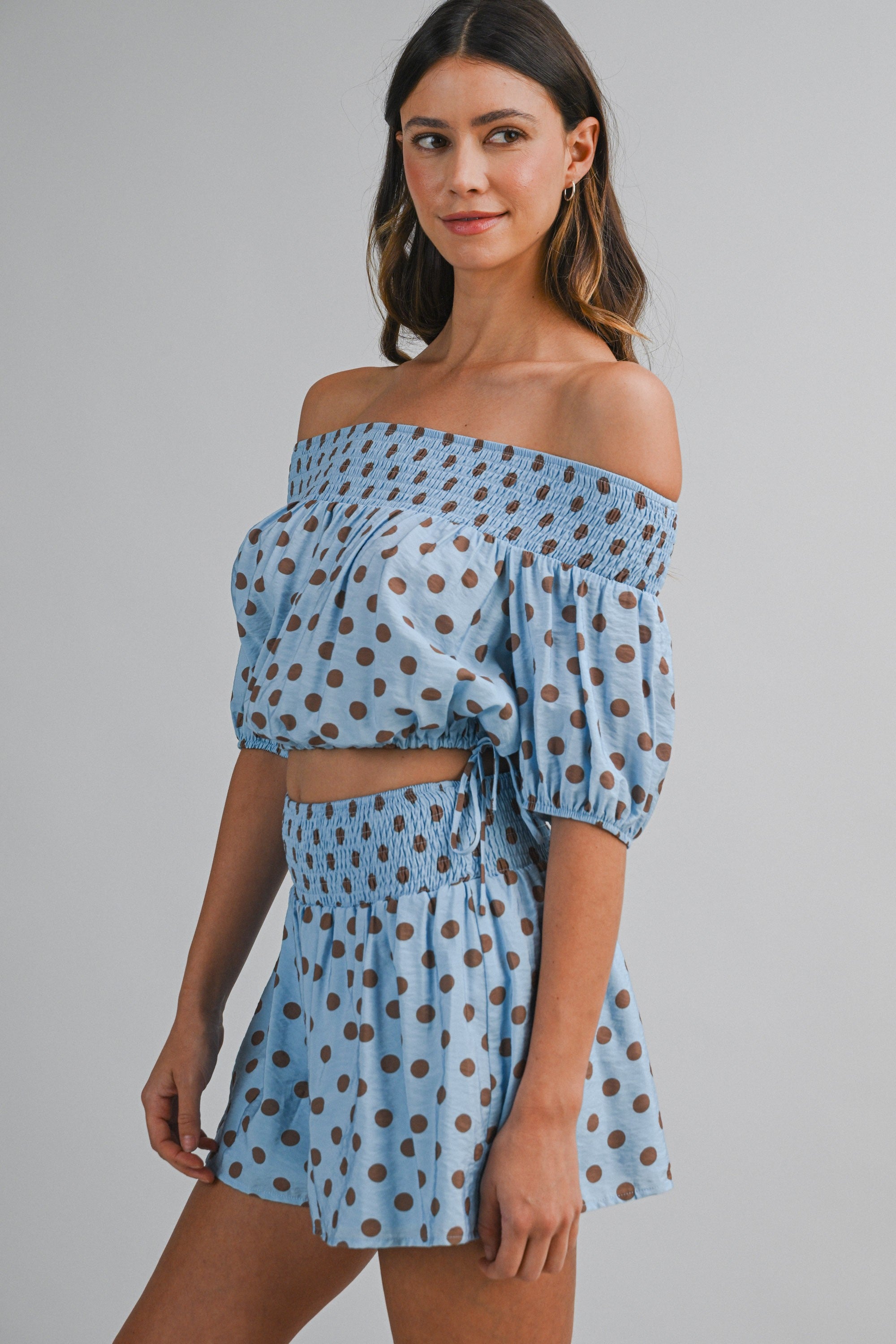 Polka Dot Off Shoulder Smocked Crop Top And Shorts Set