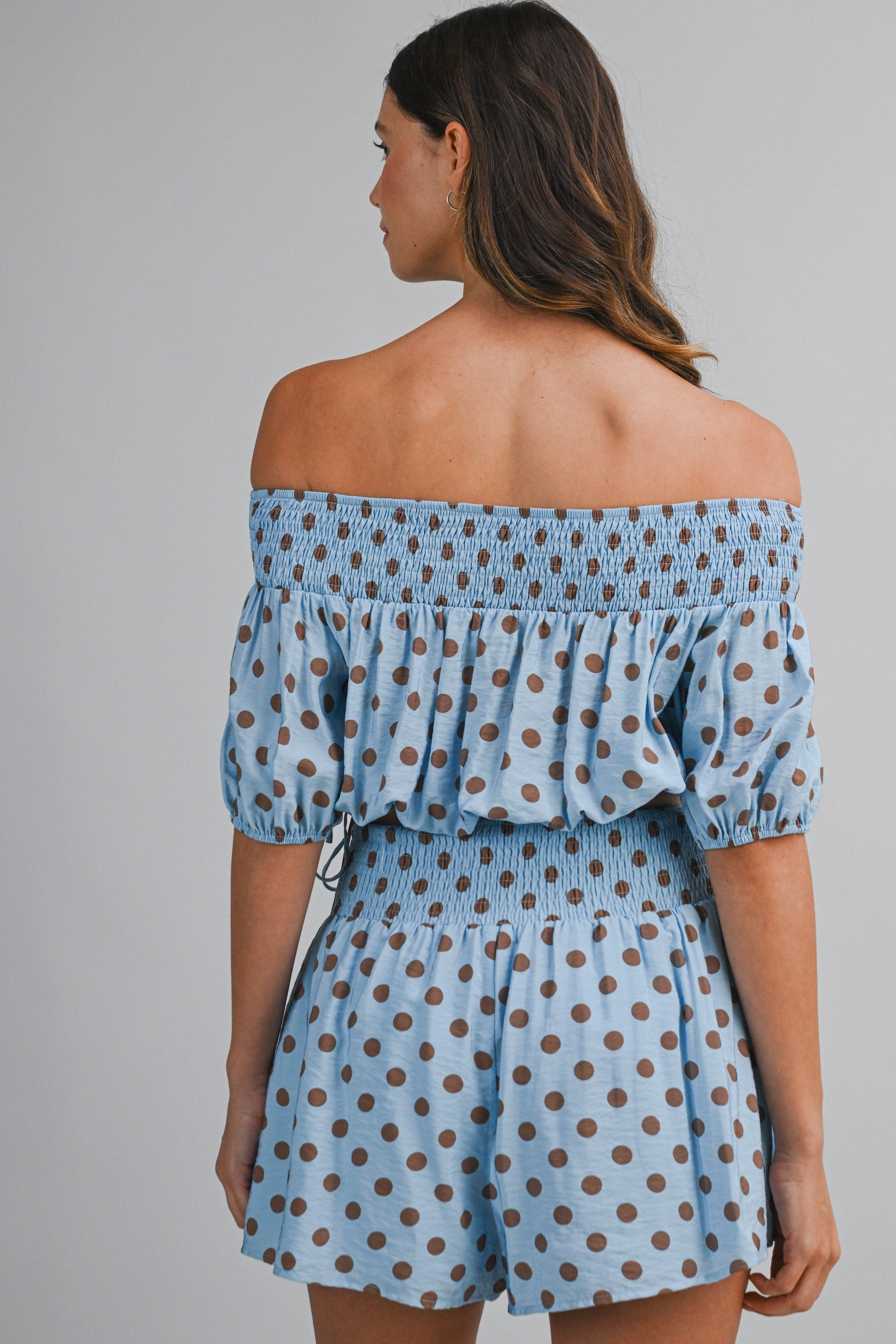 Polka Dot Off Shoulder Smocked Crop Top And Shorts Set