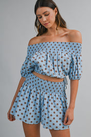 Polka Dot Off Shoulder Smocked Crop Top And Shorts Set