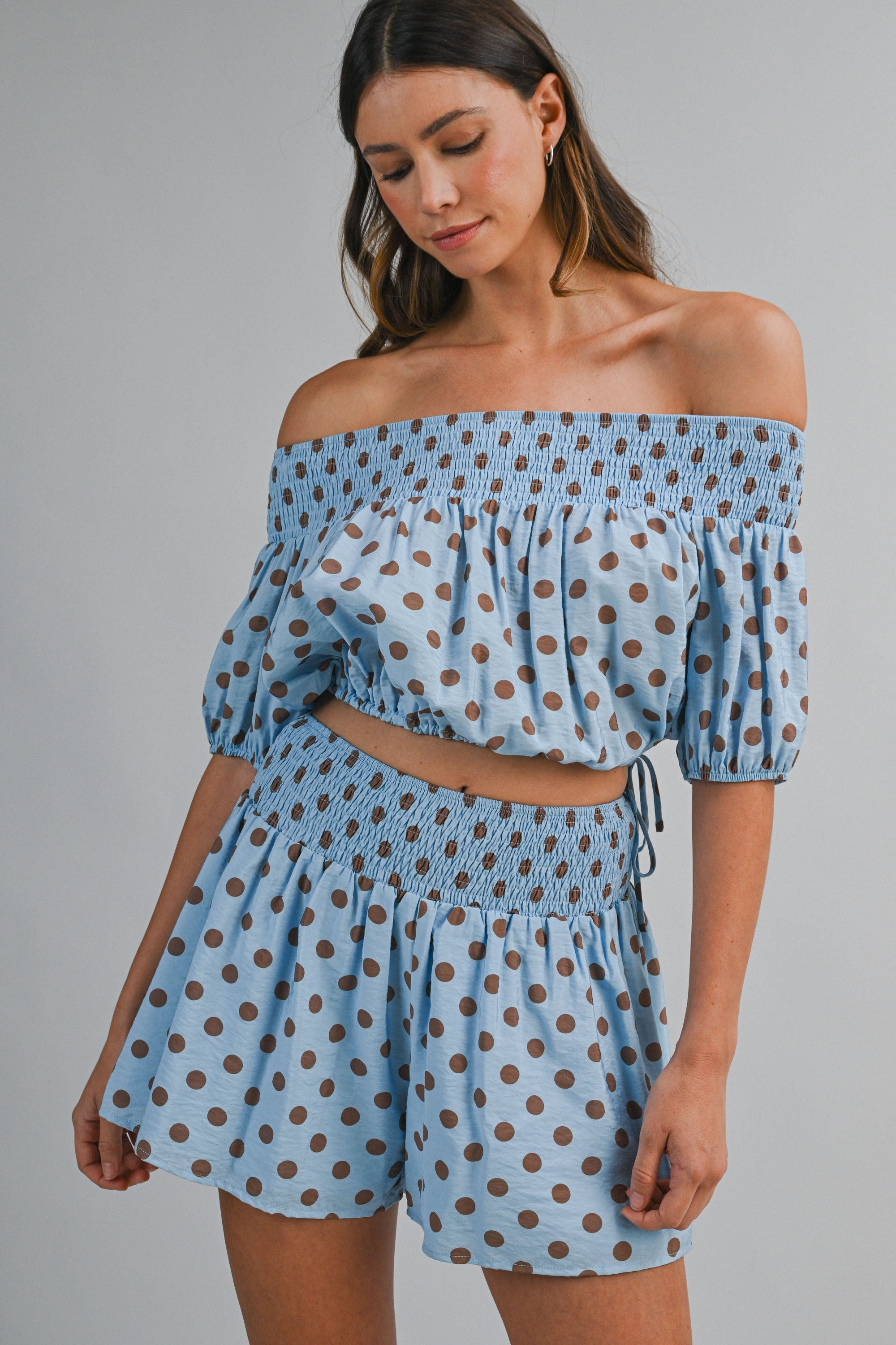 Polka Dot Off Shoulder Smocked Crop Top And Shorts Set