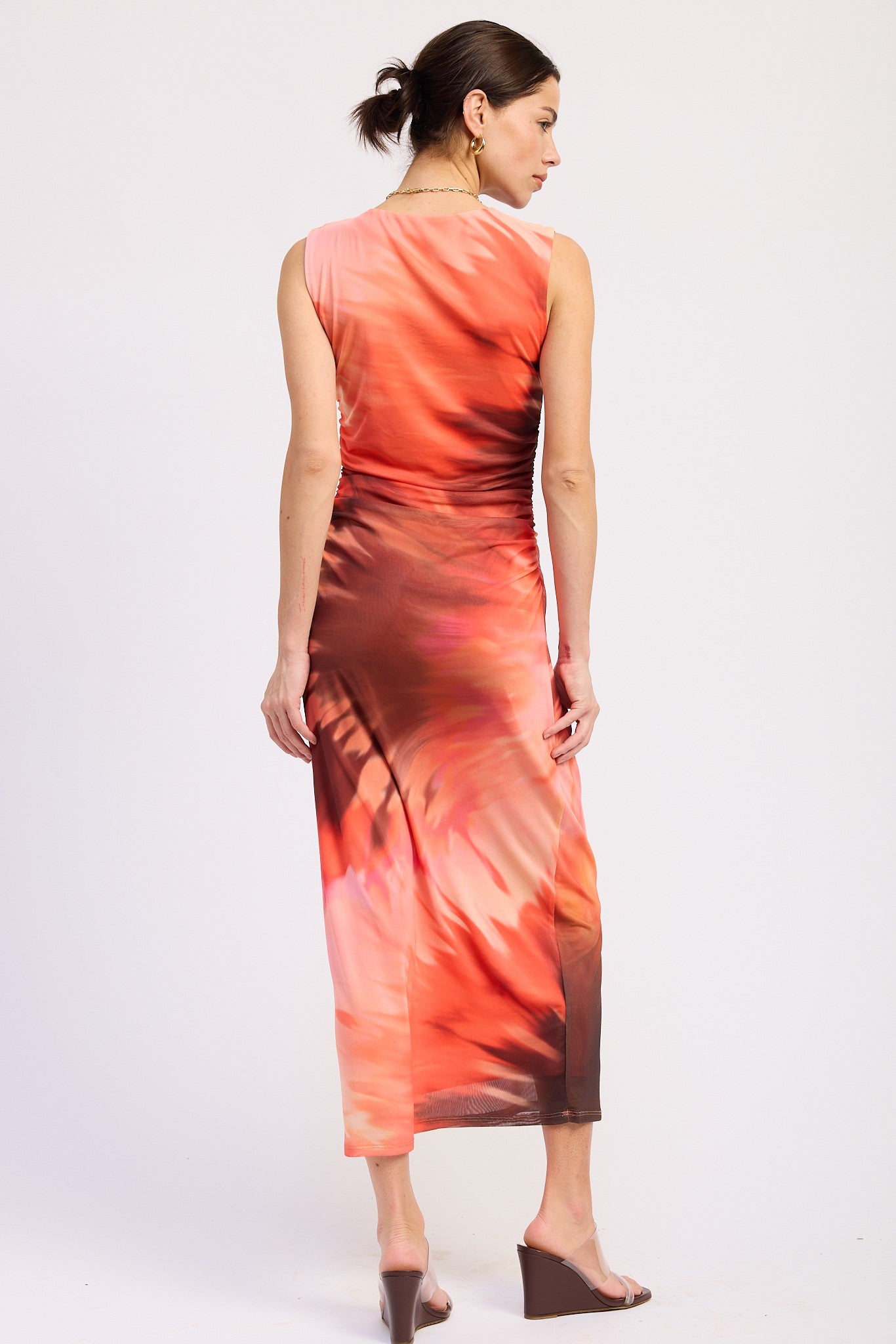 Tie Dye Mesh Maxi Dress With Side Ruching