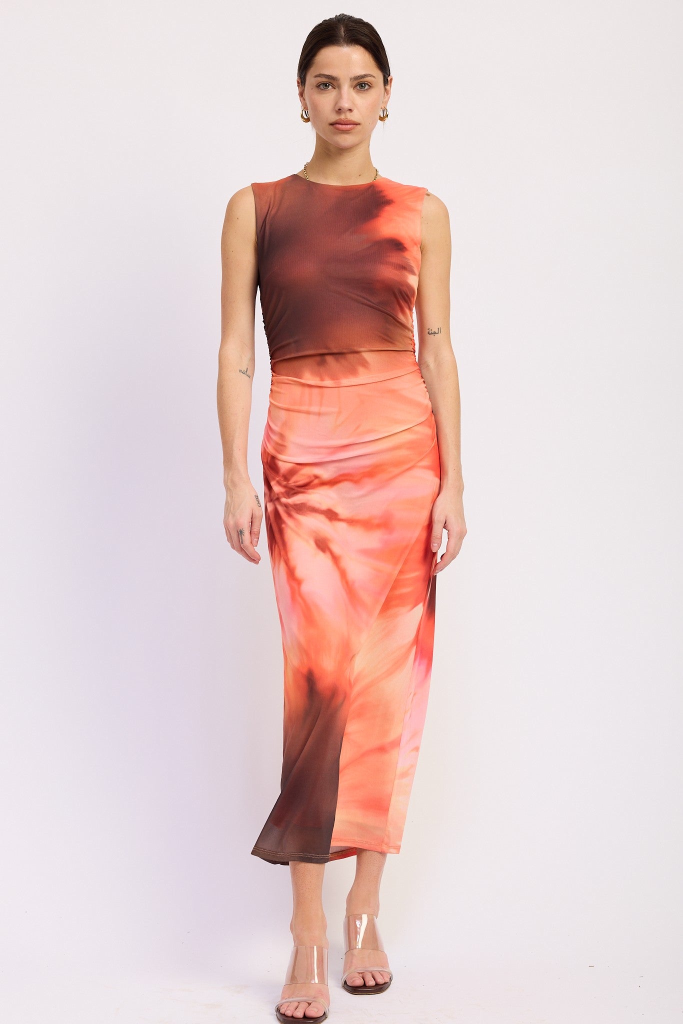 Tie Dye Mesh Maxi Dress With Side Ruching
