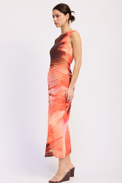 Tie Dye Mesh Maxi Dress With Side Ruching