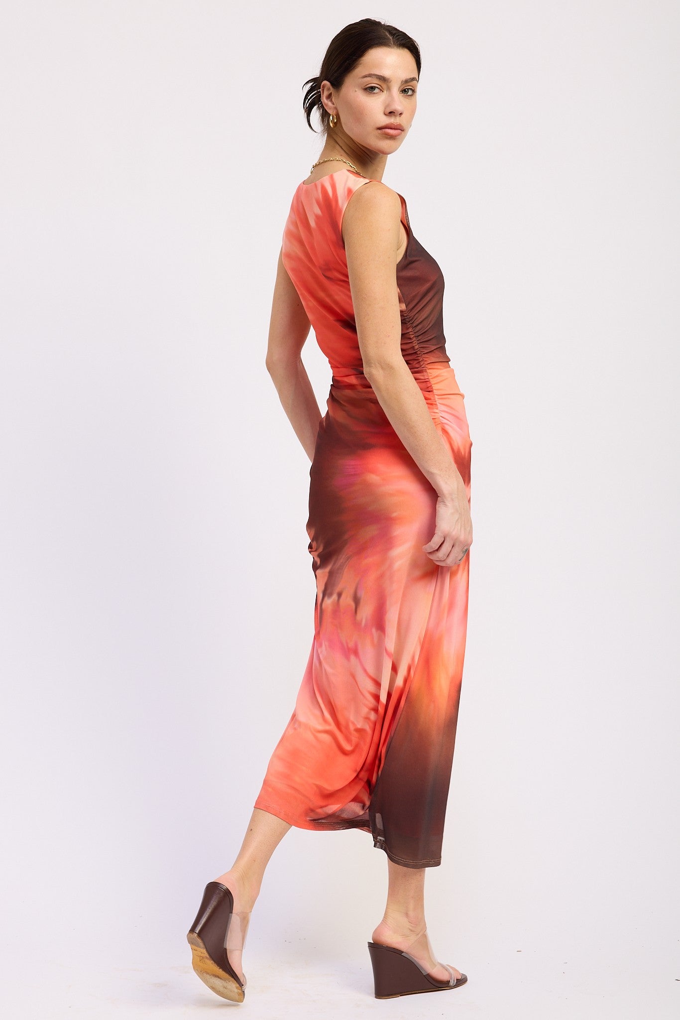 Tie Dye Mesh Maxi Dress With Side Ruching