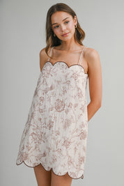 Floral Printed Scalloped Neck And Hem Detail Mini Dress