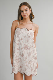 Floral Printed Scalloped Neck And Hem Detail Mini Dress