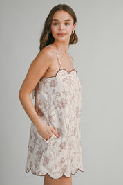 Floral Printed Scalloped Neck And Hem Detail Mini Dress
