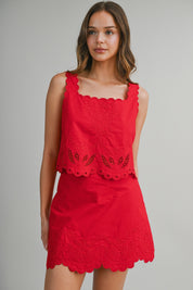 Red Embroidered Sleeveless Crop Top And Mini Skirt Set