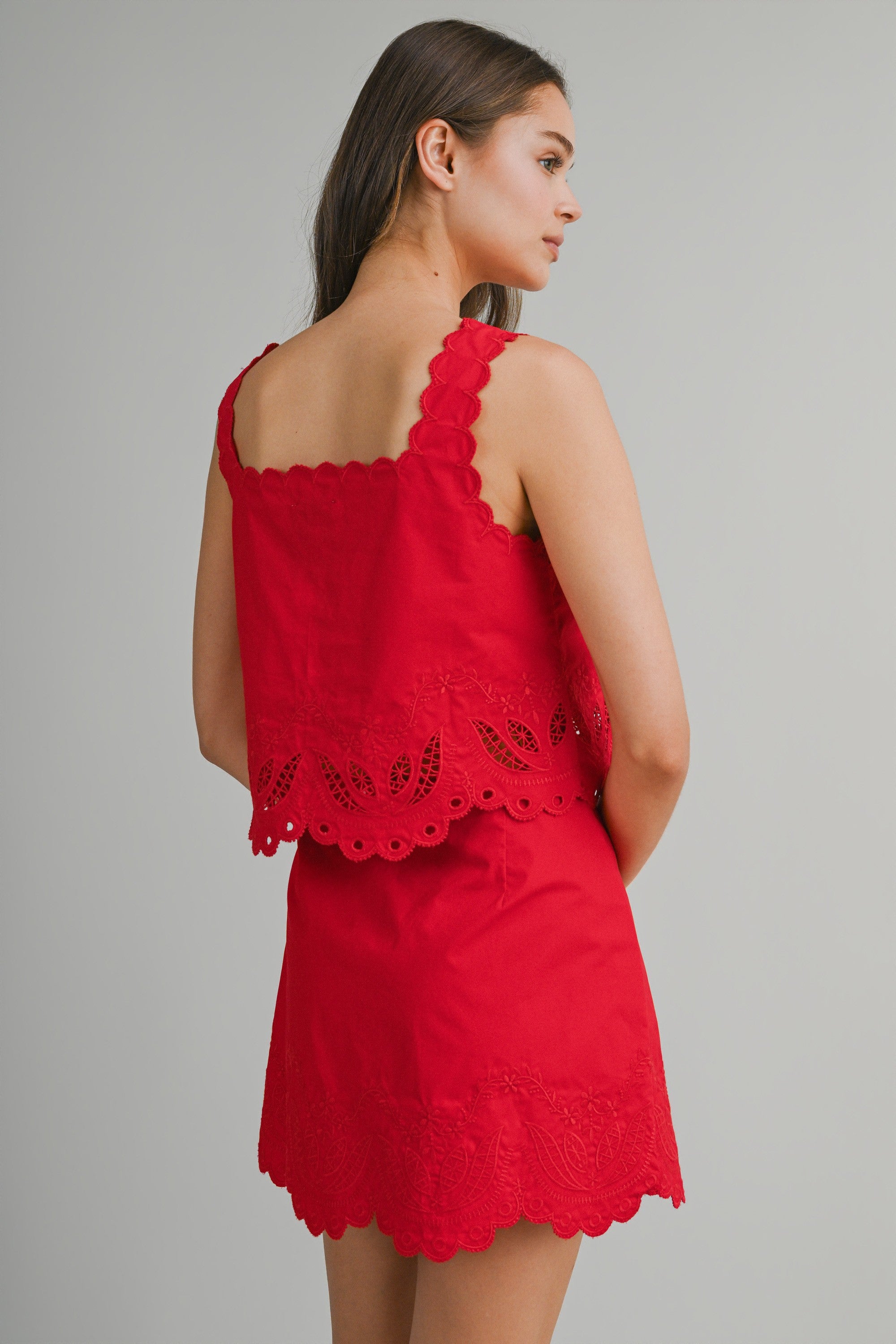 Red Embroidered Sleeveless Crop Top And Mini Skirt Set