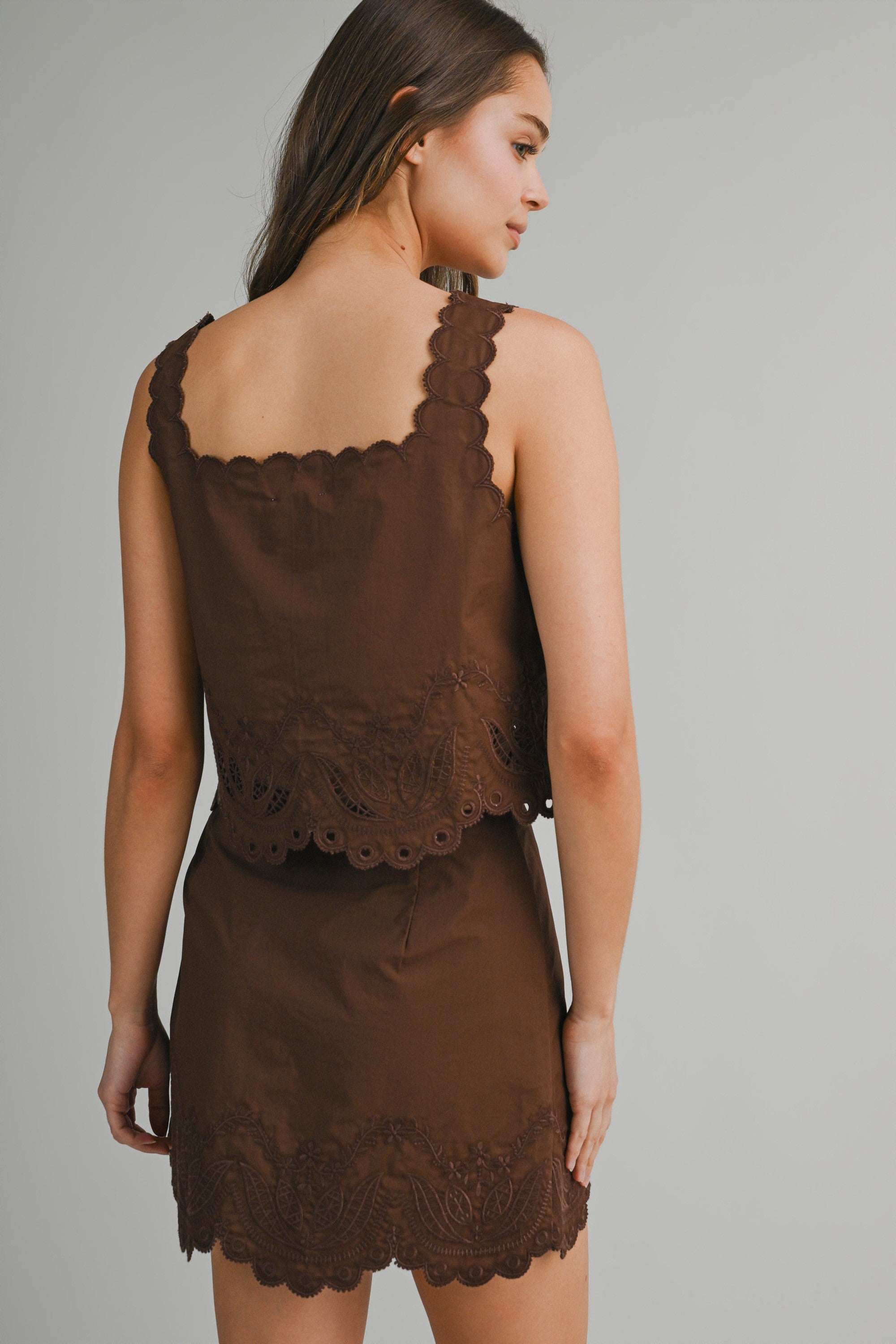 Brown Embroidered Sleeveless Crop Top And Mini Skirt Set