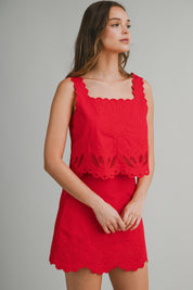 Red Embroidered Sleeveless Crop Top And Mini Skirt Set