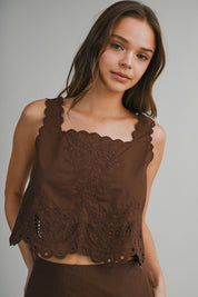 Brown Embroidered Sleeveless Crop Top And Mini Skirt Set