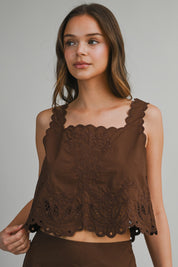Brown Embroidered Sleeveless Crop Top And Mini Skirt Set