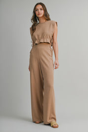 Mocha Sleeveless Crop Top With Side Tie Detail And Wide Pants Set