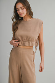 Mocha Sleeveless Crop Top With Side Tie Detail And Wide Pants Set