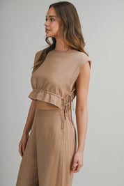 Mocha Sleeveless Crop Top With Side Tie Detail And Wide Pants Set