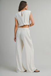 Oatmeal Sleeveless Crop Top With Side Tie Detail And Wide Pants Set
