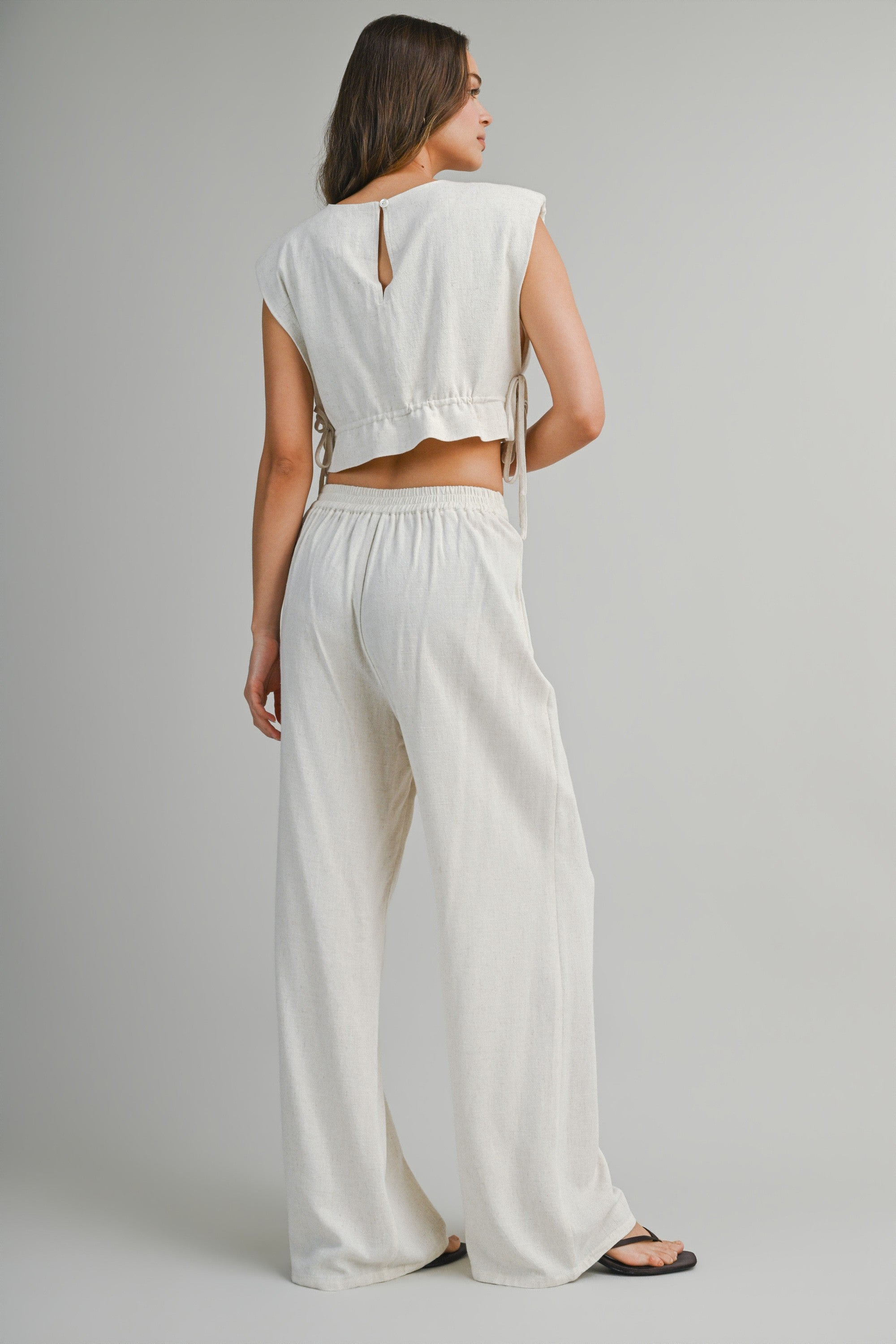Oatmeal Sleeveless Crop Top With Side Tie Detail And Wide Pants Set