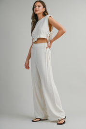 Oatmeal Sleeveless Crop Top With Side Tie Detail And Wide Pants Set