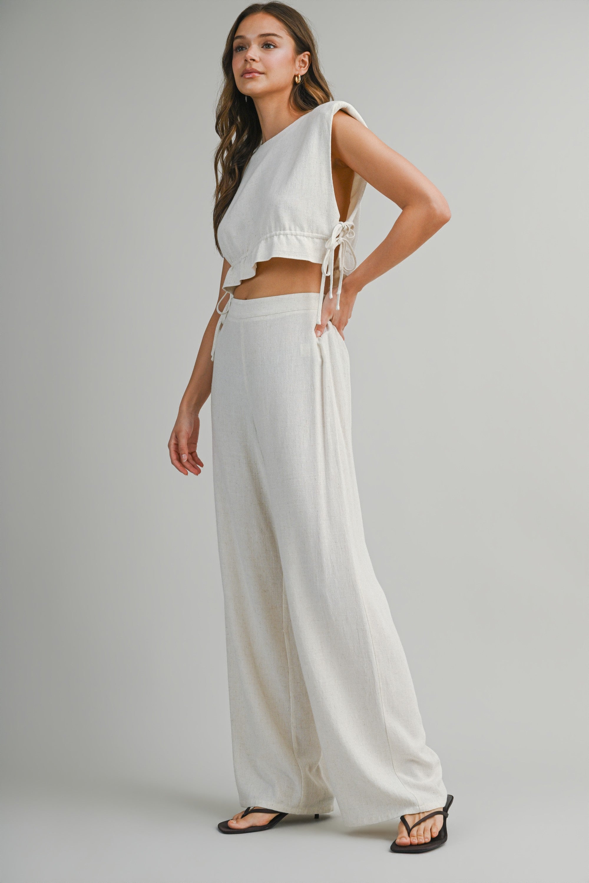 Oatmeal Sleeveless Crop Top With Side Tie Detail And Wide Pants Set