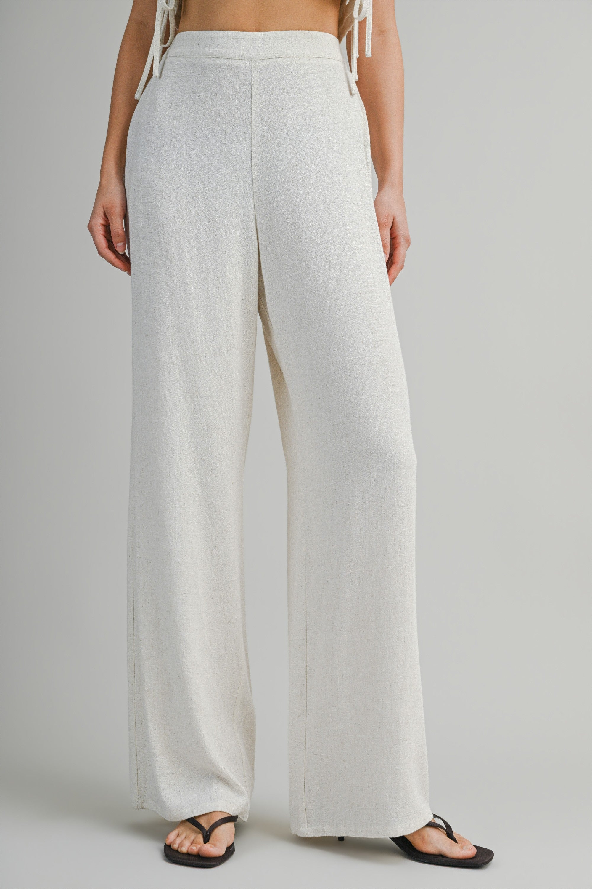 Oatmeal Sleeveless Crop Top With Side Tie Detail And Wide Pants Set