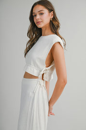 Oatmeal Sleeveless Crop Top With Side Tie Detail And Wide Pants Set