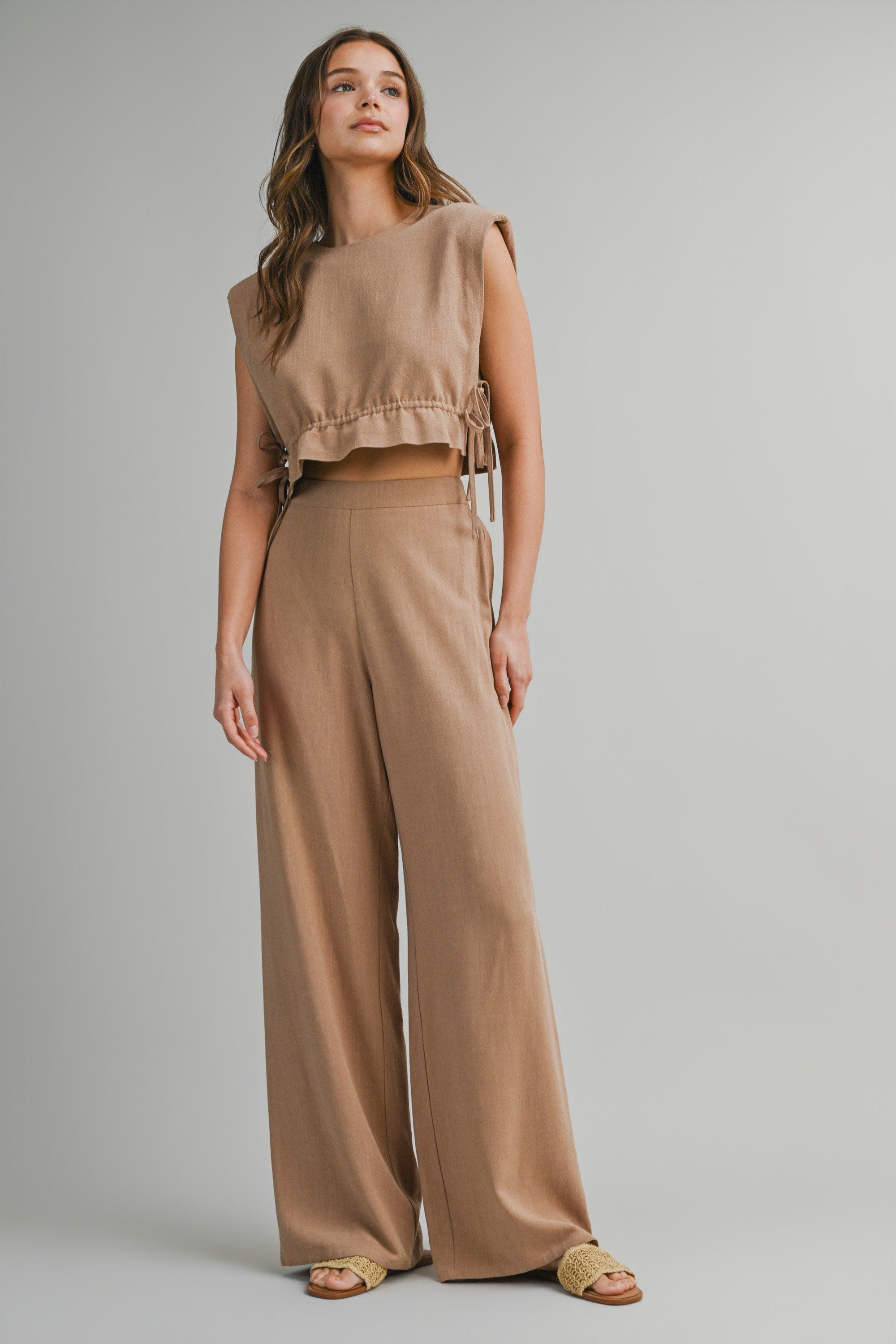 Mocha Sleeveless Crop Top With Side Tie Detail And Wide Pants Set
