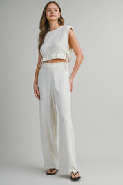 Oatmeal Sleeveless Crop Top With Side Tie Detail And Wide Pants Set